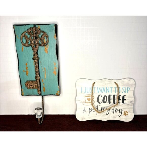 Other - Vintage Distressed Teal Rustic Key Wall Crystal Hook Knob Pet Dog Coffee Rope